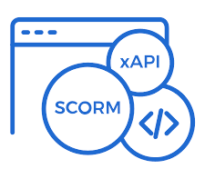 SCORM and xAPI in circles over a programming symbol logo graphic